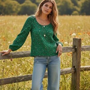 NEW Loft‎ L Top Green Floral Knit Cottage Coastal Boho Casual Whimsy Indie Bloom